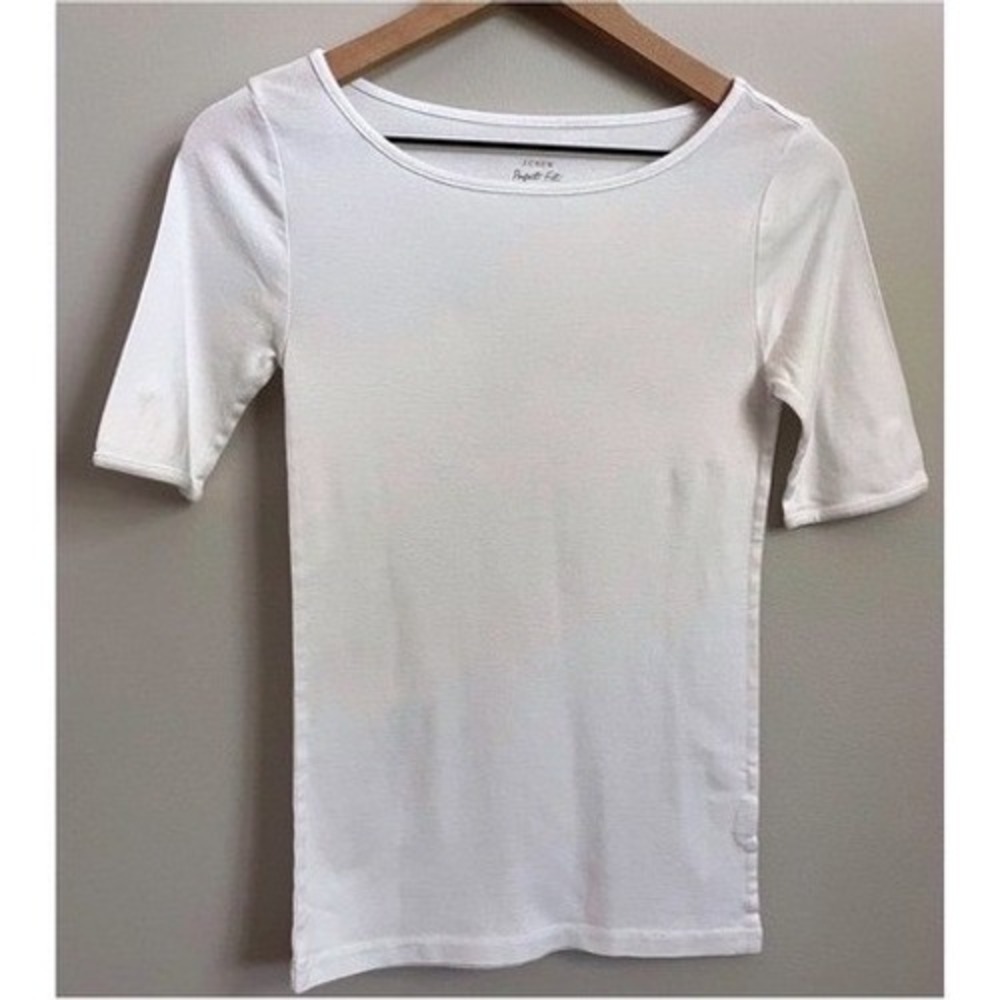 J.Crew White Perfect Fit Boatneck Cotton Top, Elbow Sleeves, Button Cuff Detail